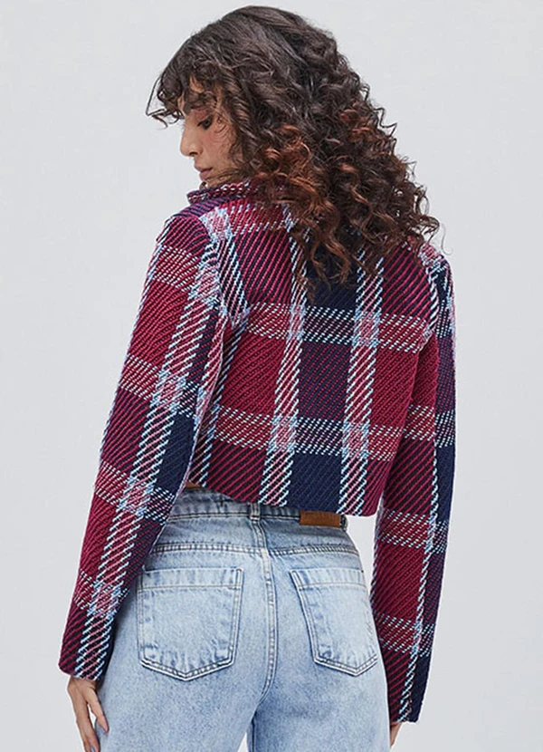 Authoria - Blazer Cropped Xadrez de Tweed Vermelho 2