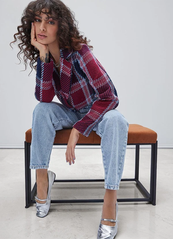 Authoria - Blazer Cropped Xadrez de Tweed Vermelho 5