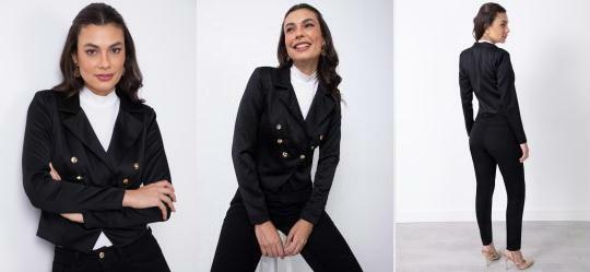 Blazer Curto Preto com Ombreira