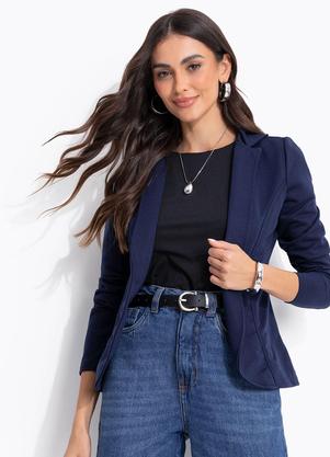 Blazer Feminino Azul Marinho em Moletinho com Bot�o �nico