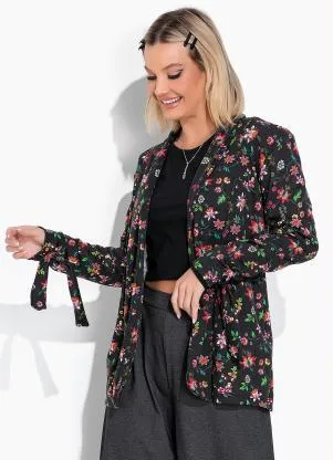 Moda Pop - Blazer Floral Preto com Amarração na Marnga - MODA POP