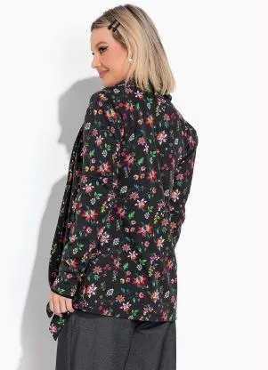 Moda Pop - Blazer Floral Preto com Amarração na Marnga - MODA POP