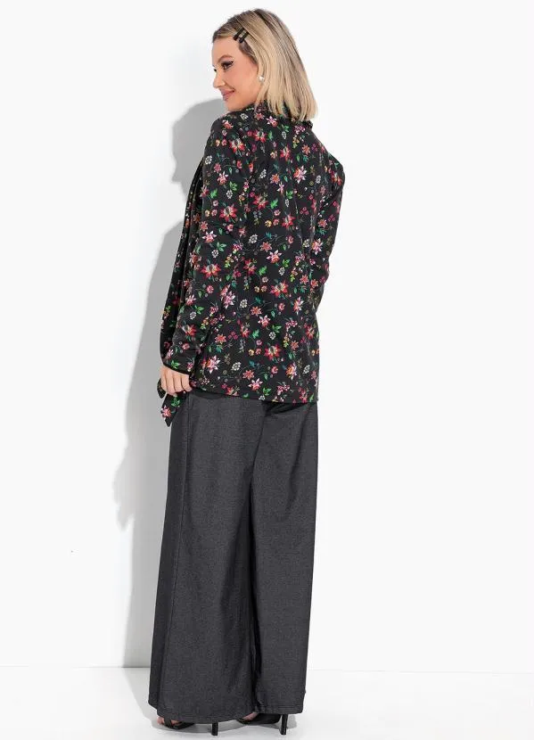 Moda Pop - Blazer Floral Preto com Amarração na Marnga 4