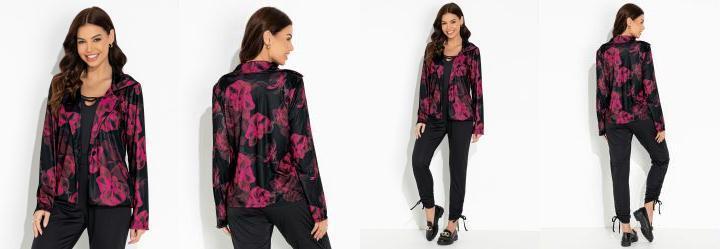 Blazer Floral Preto com Fechamento em Boto