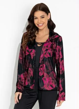 Moda Pop - Blazer Floral Preto com Fechamento em Botão - MODA POP