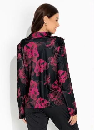 Moda Pop - Blazer Floral Preto com Fechamento em Botão - MODA POP