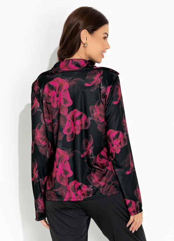 Moda Pop - Blazer Floral Preto com Fechamento em Botão 2