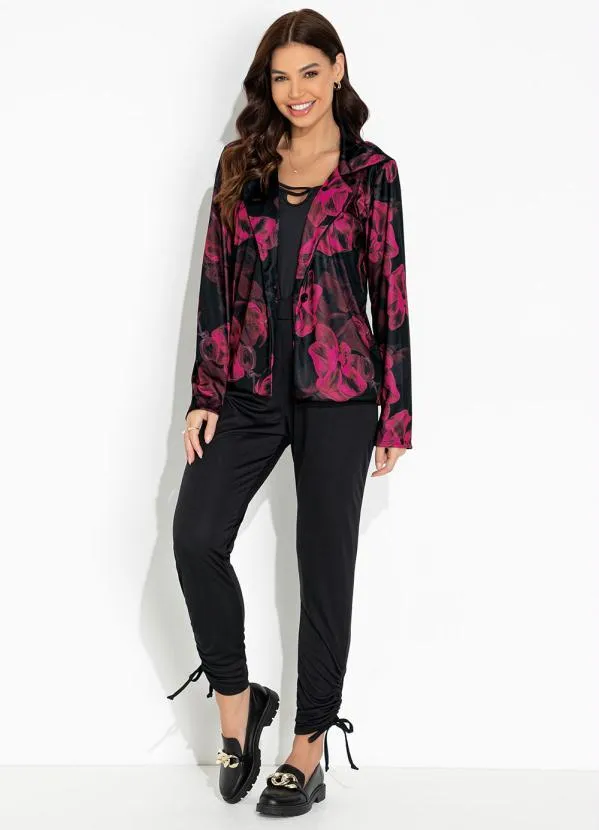Moda Pop - Blazer Floral Preto com Fechamento em Botão 3