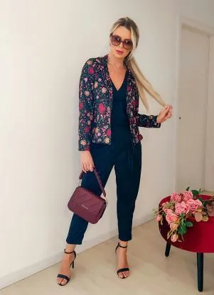 Moda Pop - Blazer Floral Preto com Gola e Mangas Longas - MODA POP