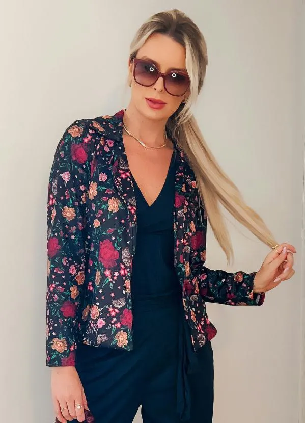 Moda Pop - Blazer Floral Preto com Gola e Mangas Longas
