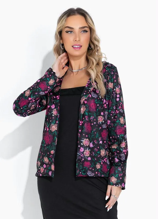 Moda Pop - Blazer Floral Preto com Gola e Mangas Longas 3