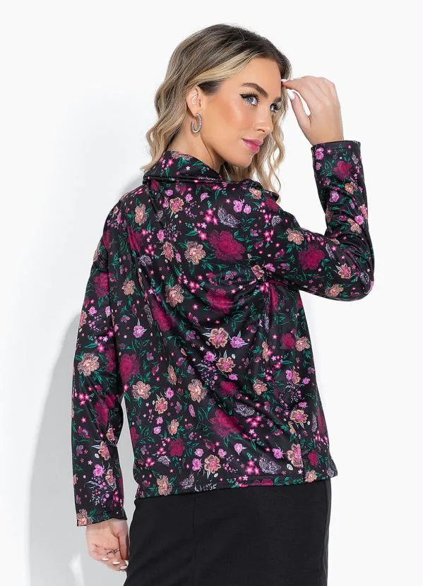 Moda Pop - Blazer Floral Preto com Gola e Mangas Longas 4