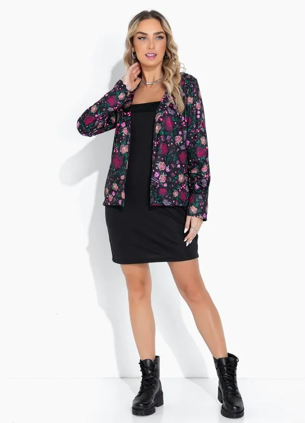 Moda Pop - Blazer Floral Preto com Gola e Mangas Longas 5