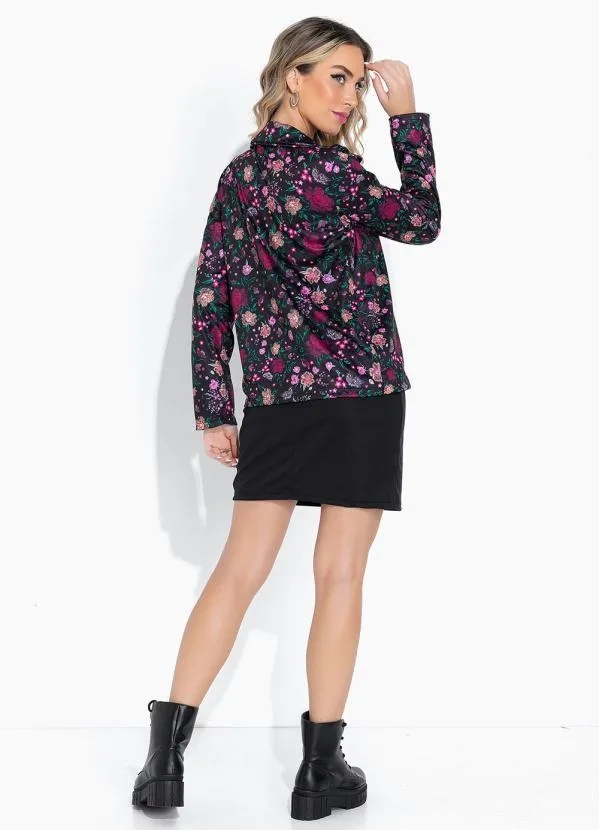 Moda Pop - Blazer Floral Preto com Gola e Mangas Longas 6