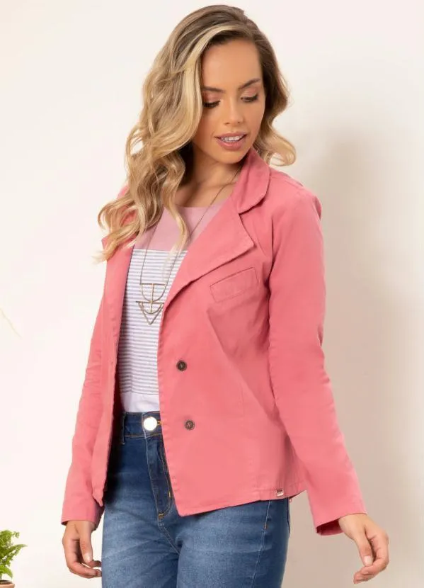 Quintess - Blazer Jeans Rosê com Bolso Decorativo