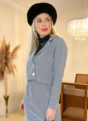 Moda Pop - Blazer Listrado Cinza com Botões Funcionais - MODA POP