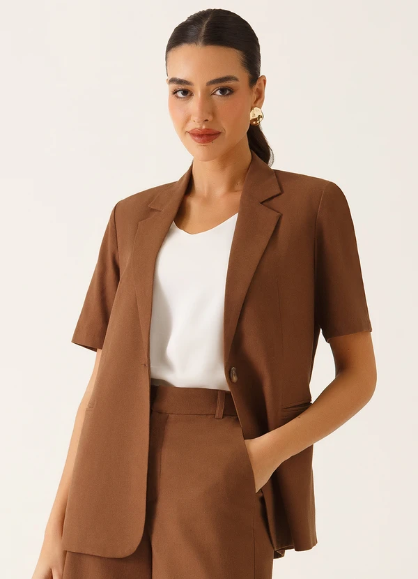 Principessa - Blazer Manga Curta Alfaiataria em Linho Marrom Telma