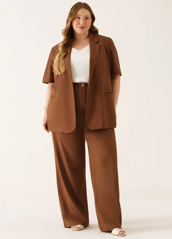 Principessa - Blazer Manga Curta Alfaiataria em Linho Marrom Telma 11