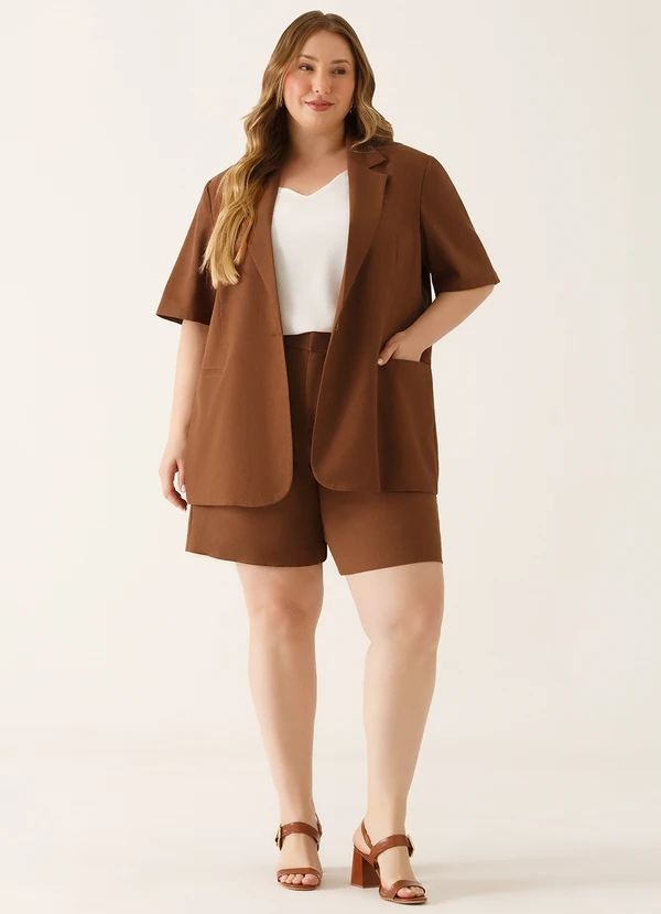 Principessa - Blazer Manga Curta Alfaiataria em Linho Marrom Telma 12