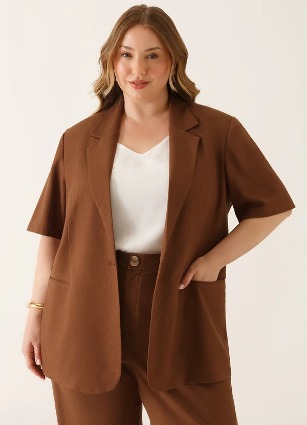 Principessa - Blazer Manga Curta Alfaiataria em Linho Marrom Telma 13