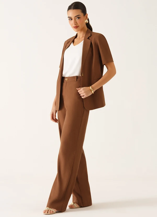 Principessa - Blazer Manga Curta Alfaiataria em Linho Marrom Telma 4