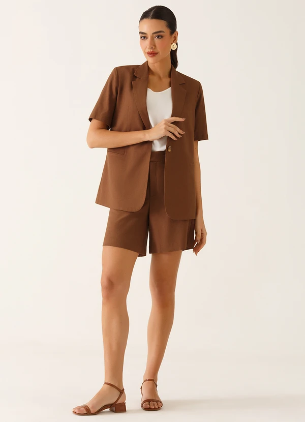 Principessa - Blazer Manga Curta Alfaiataria em Linho Marrom Telma 5