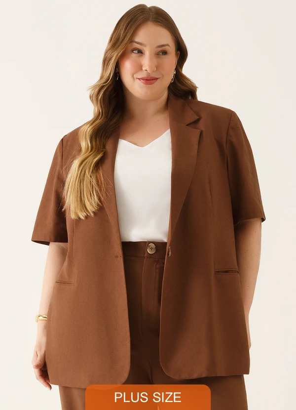 Principessa - Blazer Manga Curta Alfaiataria em Linho Marrom Telma 9