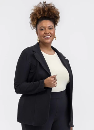 Habana - Blazer Plus Size em Molecotton Peluciado Preto - HABANA