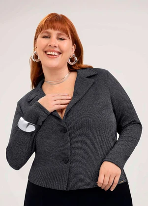 Cativa - Blazer Plus Size em Tecido com Brilho  Preto - CATIVA