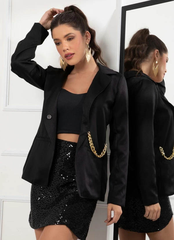 Quintess - Blazer Preto com Corrente e Bolsos