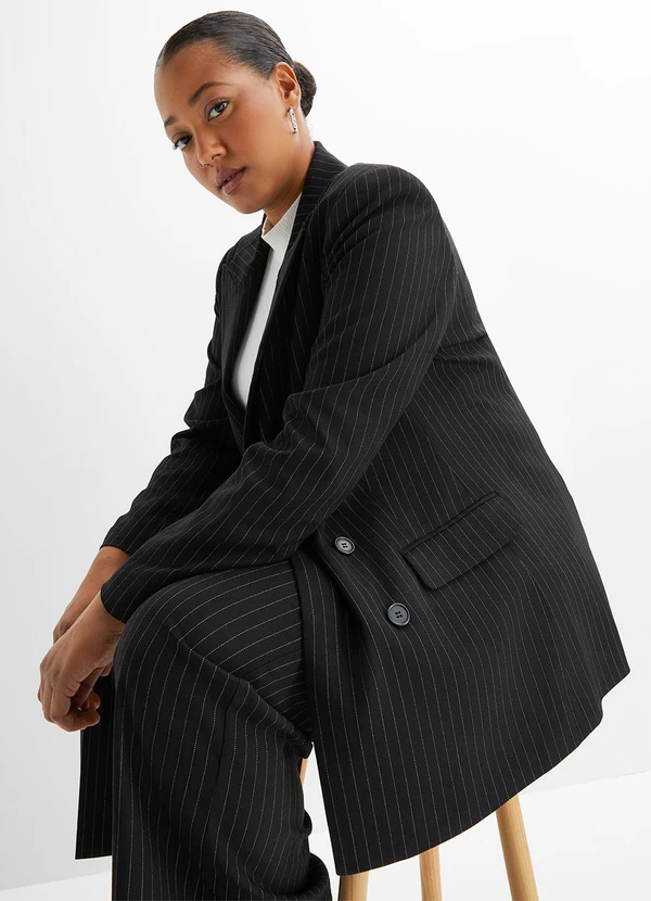 bonprix - Blazer Preto em Alfaiataria Risca de Giz 8