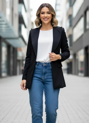 Quintess - Blazer Preto em Crepe Plano Forrado - QUINTESS