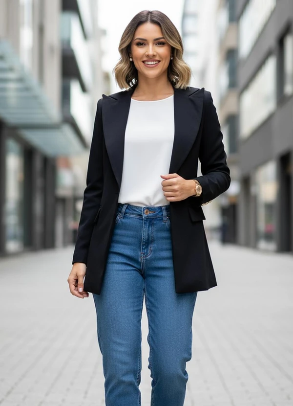 Quintess - Blazer Preto em Crepe Plano Forrado