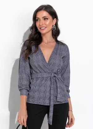 Moda Pop - Blazer Xadrez Marinho com Faixa para Amarrar - MODA POP