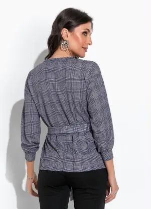 Moda Pop - Blazer Xadrez Marinho com Faixa para Amarrar - MODA POP
