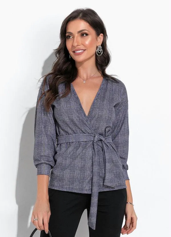 Moda Pop - Blazer Xadrez Marinho com Faixa para Amarrar