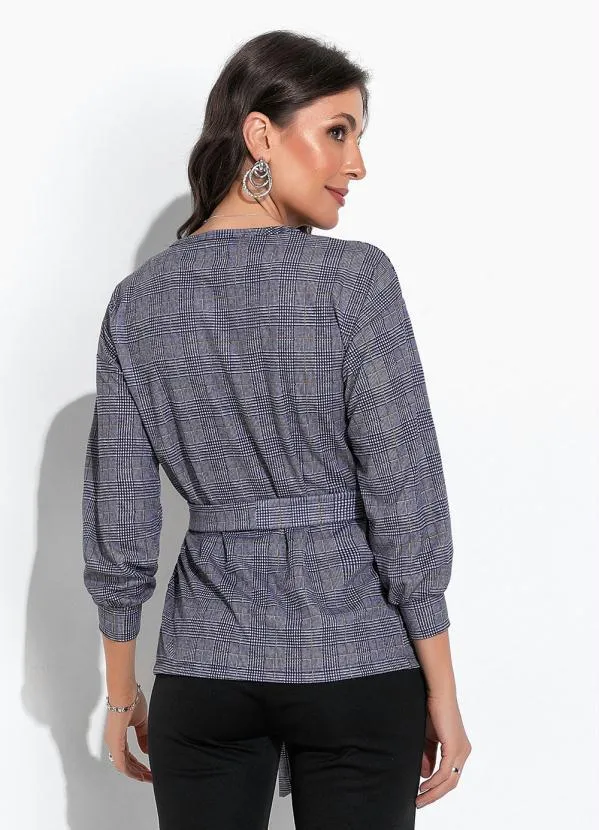 Moda Pop - Blazer Xadrez Marinho com Faixa para Amarrar 2