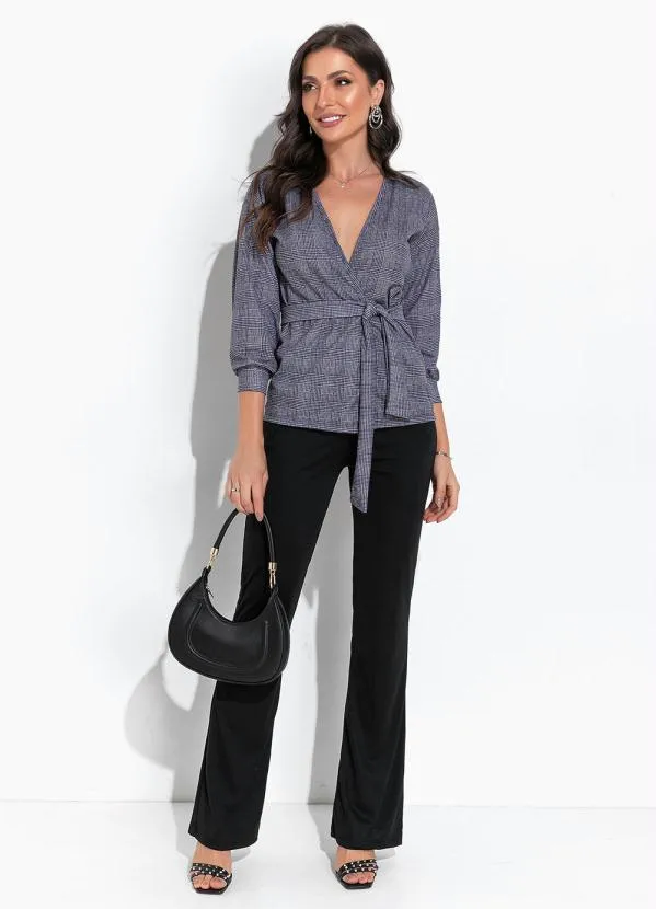 Moda Pop - Blazer Xadrez Marinho com Faixa para Amarrar 3