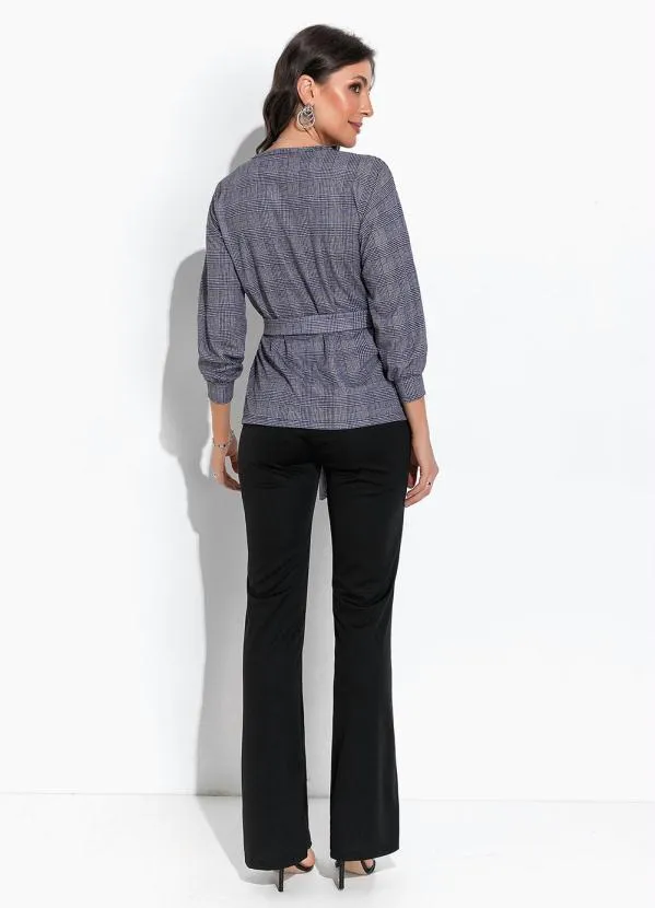 Moda Pop - Blazer Xadrez Marinho com Faixa para Amarrar 4