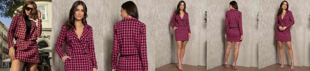 Blazer Xadrez Pink com Fechamento em Boto