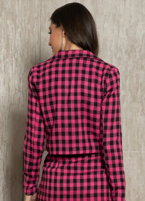 Quintess - Blazer Xadrez Pink com Fechamento em Botão 2