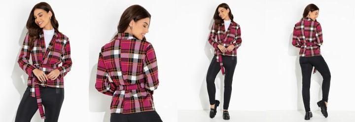 Blazer Xadrez Rosa com Gola e Faixa