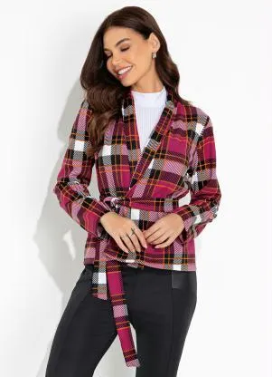 Moda Pop - Blazer Xadrez Rosa com Gola e Faixa - MODA POP