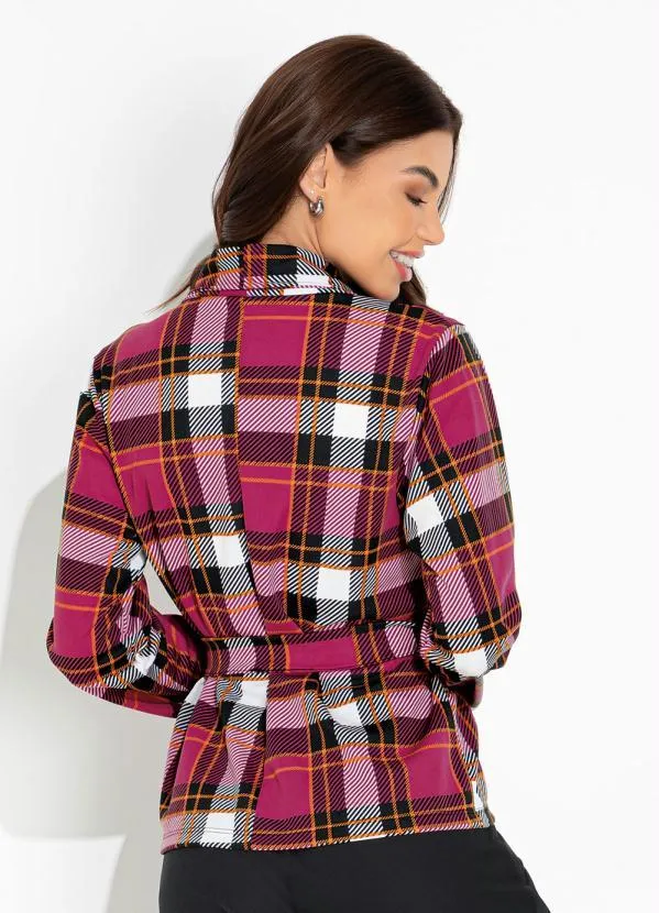 Moda Pop - Blazer Xadrez Rosa com Gola e Faixa 2