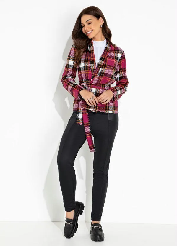 Moda Pop - Blazer Xadrez Rosa com Gola e Faixa 3