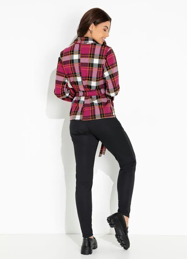 Moda Pop - Blazer Xadrez Rosa com Gola e Faixa 4