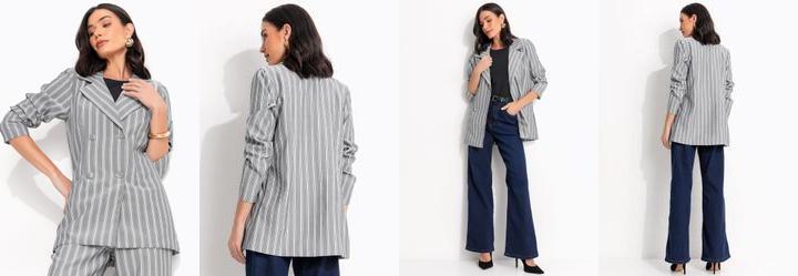 Casaco Listrado Cinza em Tecido Acetinado