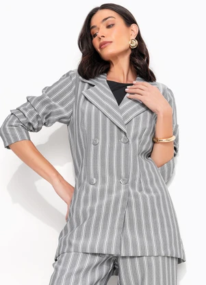 Quintess - Casaco Listrado Cinza em Tecido Acetinado - QUINTESS