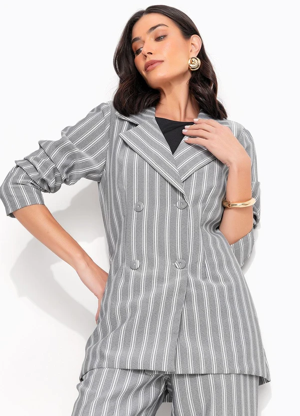 Quintess - Casaco Listrado Cinza em Tecido Acetinado 9