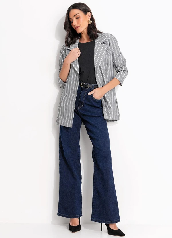 Quintess - Casaco Listrado Cinza em Tecido Acetinado 7